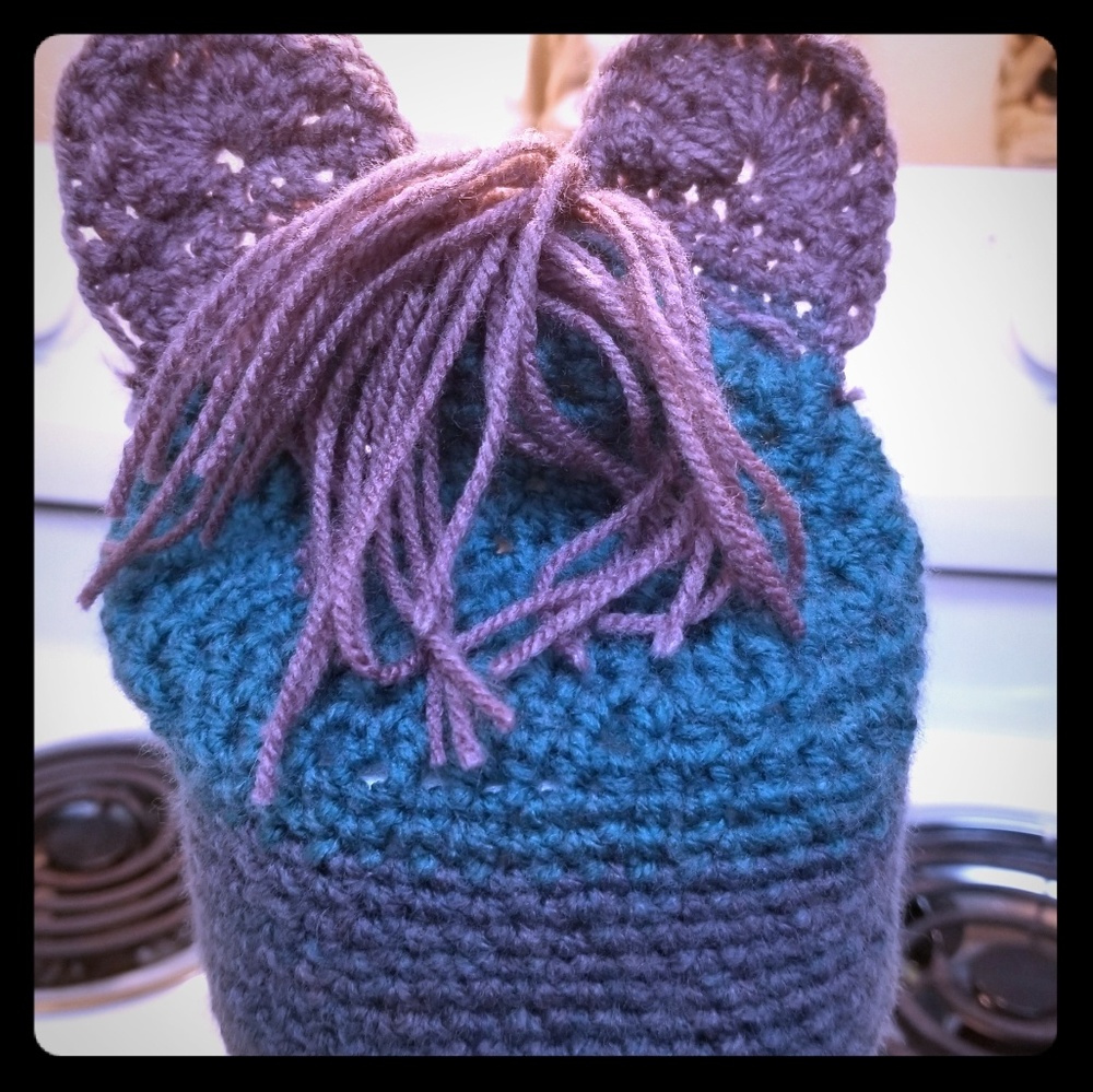 Baby bear with hair crocheted hat 4-12 mos.